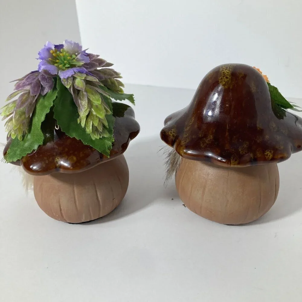 Ceramic Mushroom Gnomes Fairy‎ Flower Garden -2 Brown Purple Orange 3 x 4